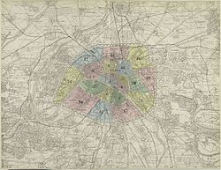 Plan de Paris indiquant "la zone unique des servitudes dans laquelle on ne pourra plus bâtir", 1868 -.