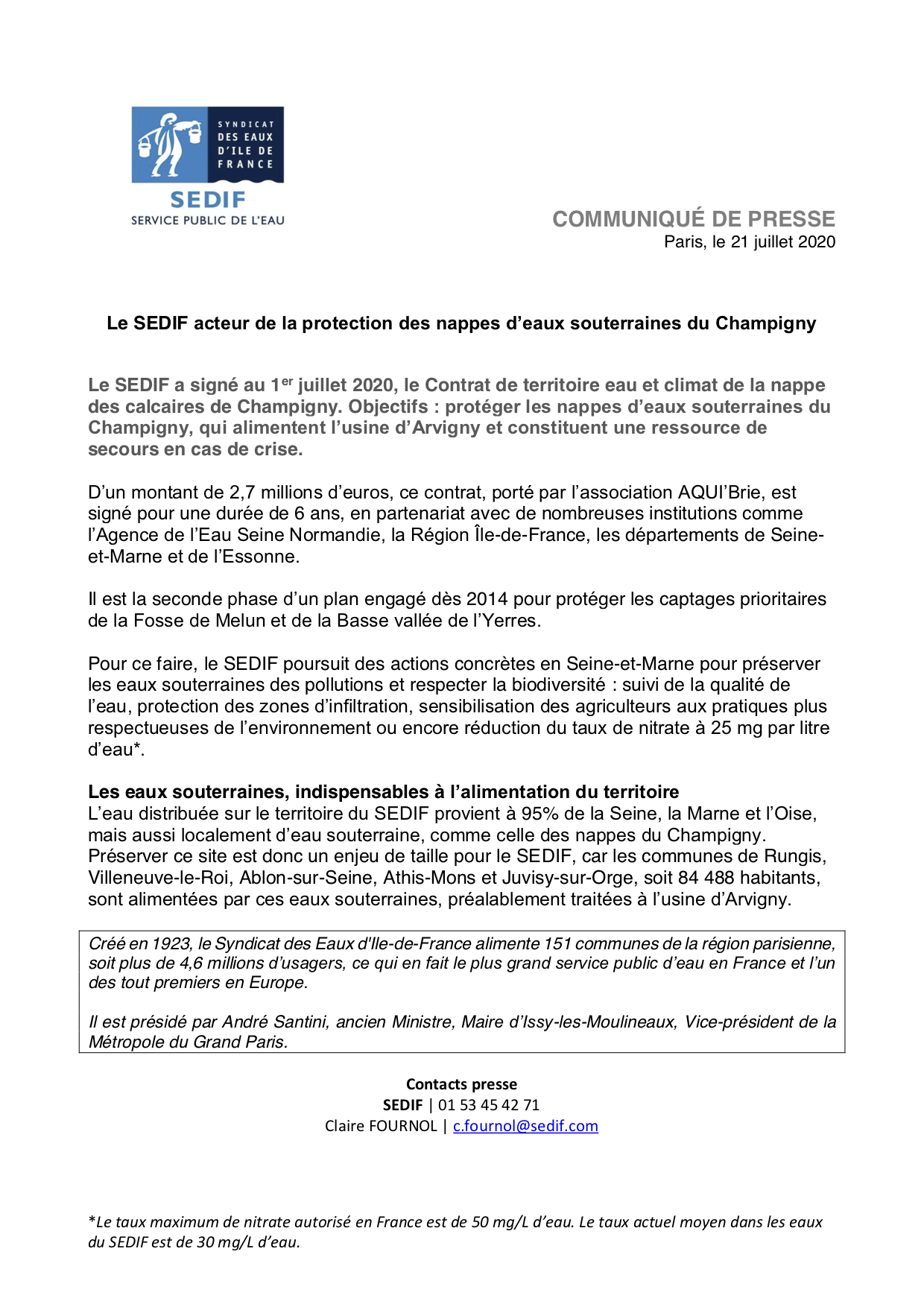 Signature du contrat de territoire Eau et climat du Champigny -.
